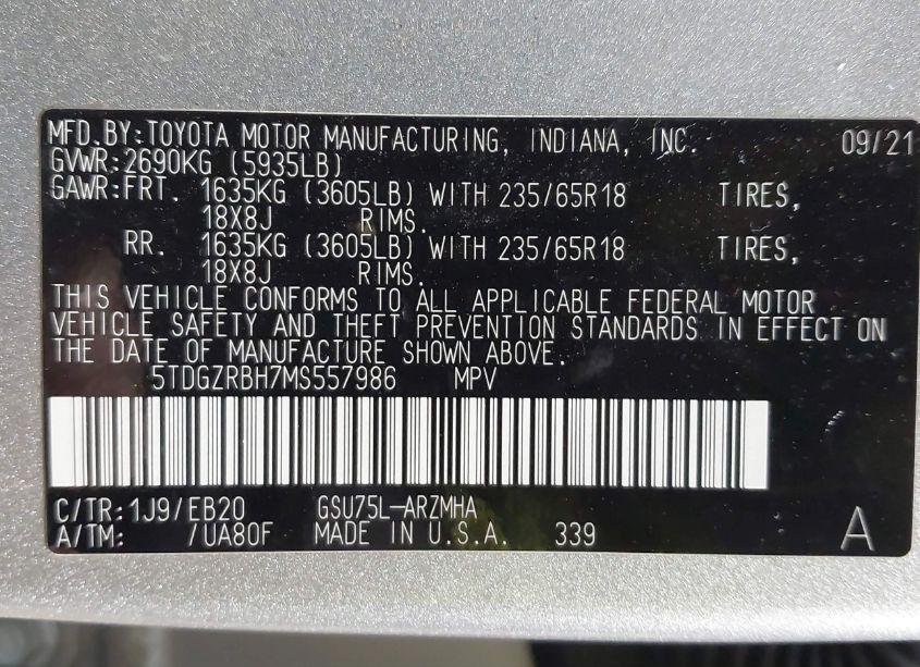 Photo 9 of 2021 Toyota Highlander XLE (VIN 5TDGZRBH7MS557986)