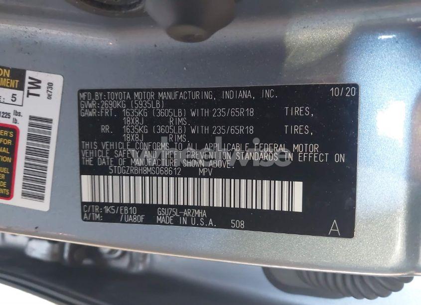 Photo 9 of 2021 Toyota Highlander XLE (VIN 5TDGZRBH8MS068612)
