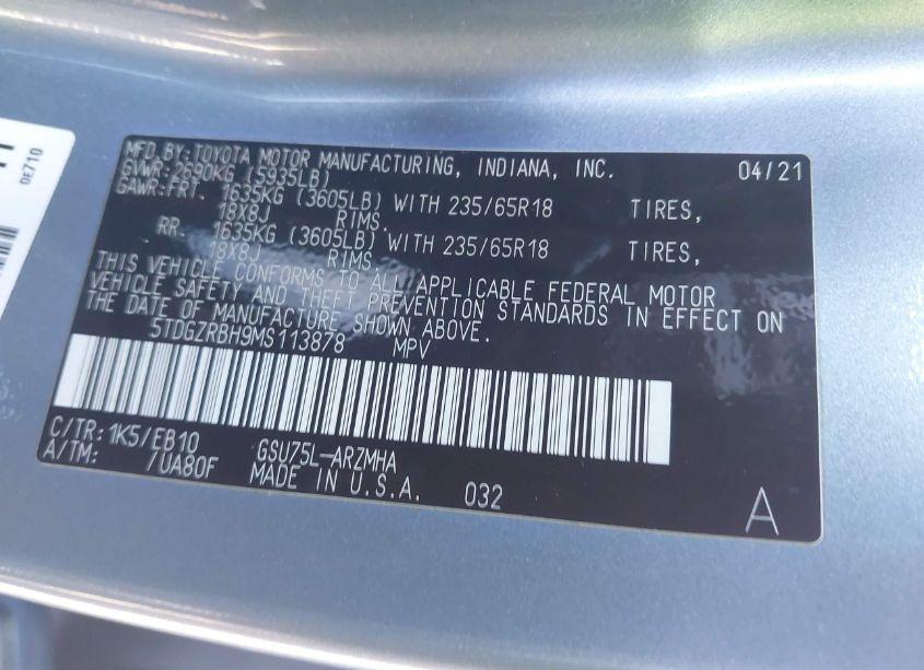 Photo 9 of 2021 Toyota Highlander XLE (VIN 5TDGZRBH9MS113878)