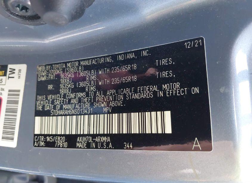 Photo 9 of 2022 Toyota Highlander HYBRID XLE (VIN 5TDHARAH6NS013431)