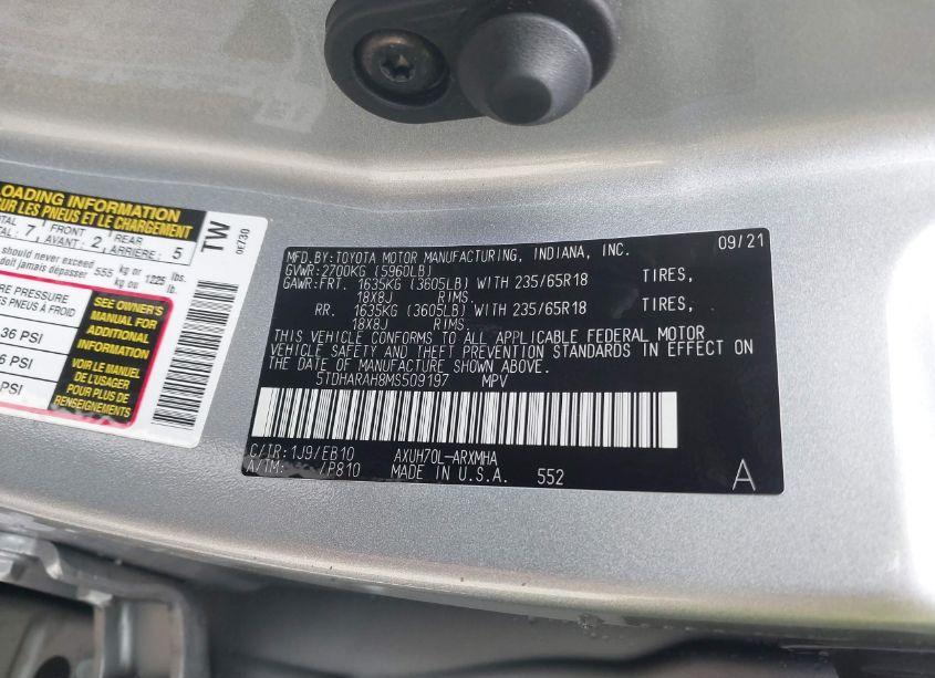 Photo 9 of 2021 Toyota Highlander HYBRID XLE (VIN 5TDHARAH8MS509197)