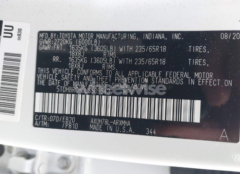 Photo 9 of 2020 Toyota Highlander HYBRID XLE (VIN 5TDHBRCH0LS509543)