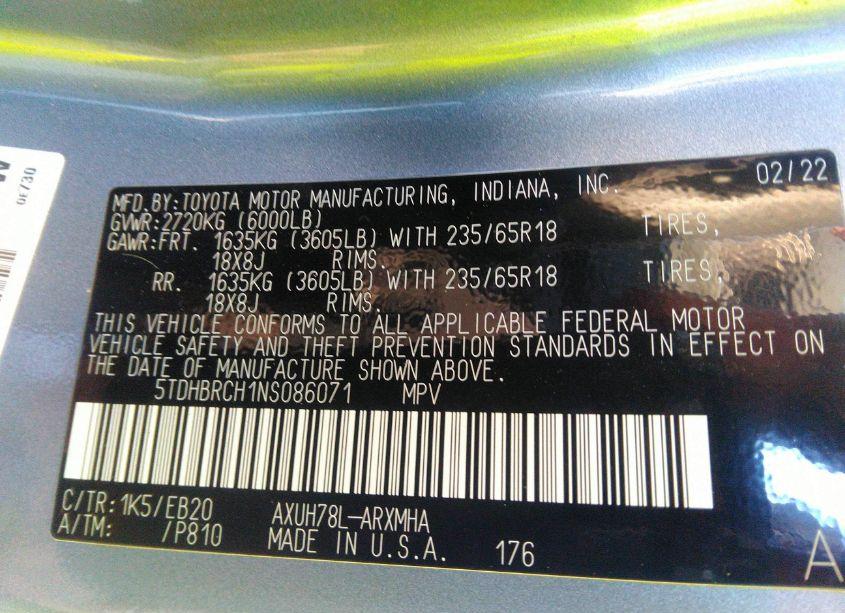 Photo 9 of 2022 Toyota Highlander HYBRID XLE (VIN 5TDHBRCH1NS086071)