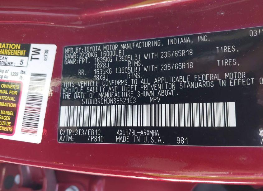 Photo 9 of 2022 Toyota Highlander HYBRID XLE (VIN 5TDHBRCH3NS552163)