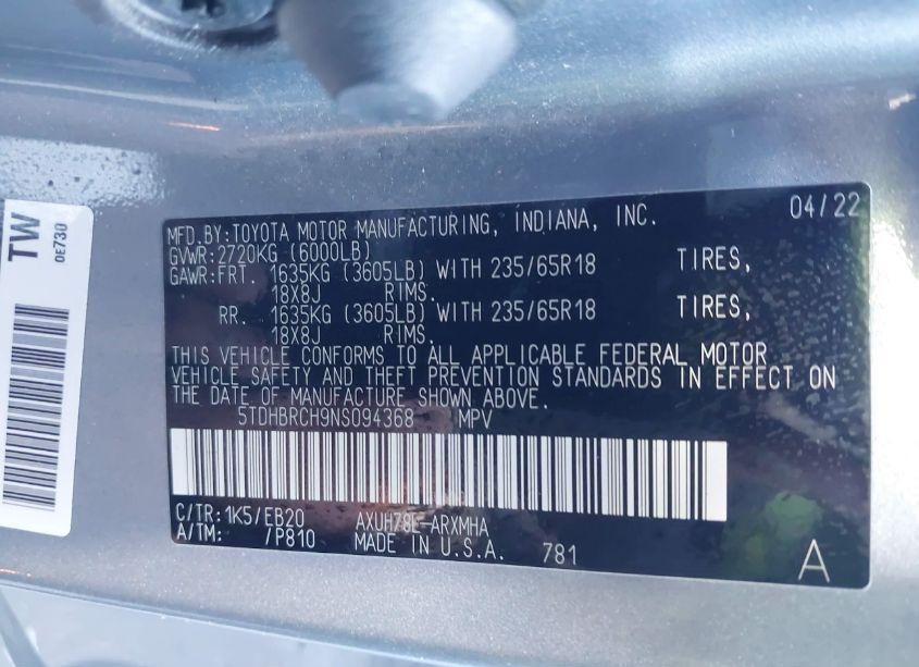 Photo 9 of 2022 Toyota Highlander HYBRID XLE (VIN 5TDHBRCH9NS094368)