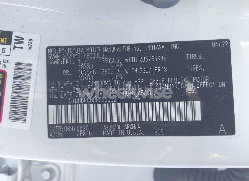 Photo 9 of 2022 Toyota Highlander HYBRID XLE (VIN 5TDHBRCH9NS555620)