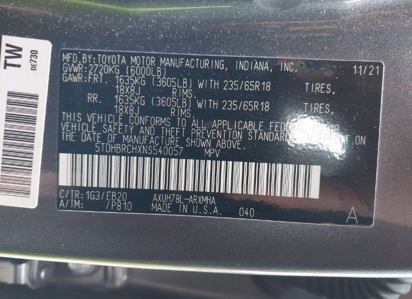 Photo 9 of 2022 Toyota Highlander HYBRID XLE (VIN 5TDHBRCHXNS540057)