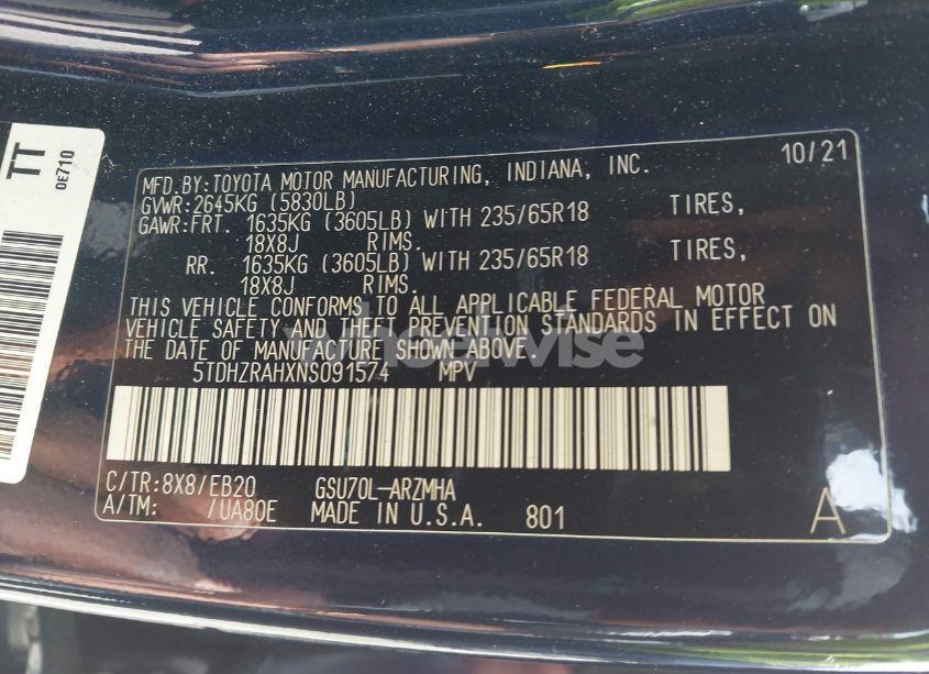 Photo 9 of 2022 Toyota Highlander XLE (VIN 5TDHZRAHXNS091574)