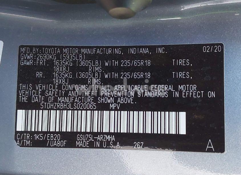 Photo 9 of 2020 Toyota Highlander XLE (VIN 5TDHZRBH3LS020065)