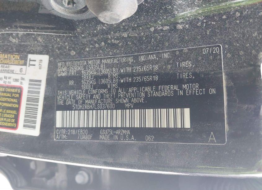 Photo 9 of 2020 Toyota Highlander XLE (VIN 5TDHZRBH7LS037600)