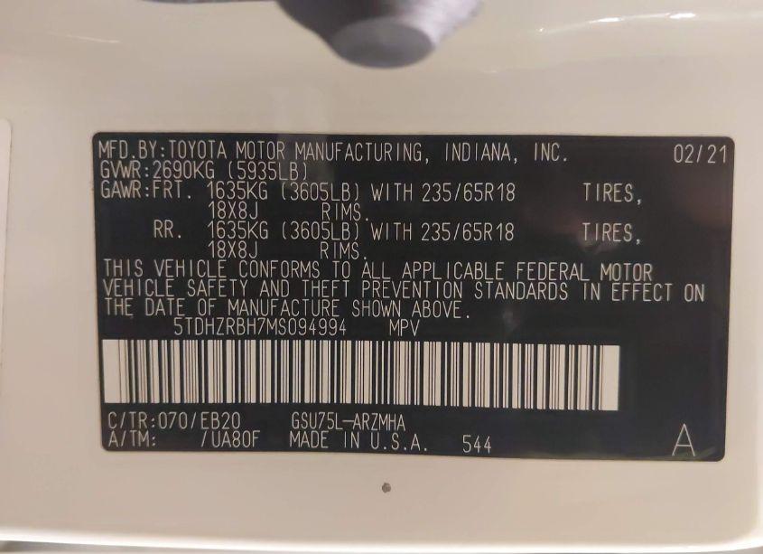 Photo 9 of 2021 Toyota Highlander XLE (VIN 5TDHZRBH7MS094994)