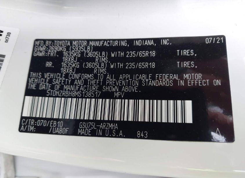 Photo 9 of 2021 Toyota Highlander XLE (VIN 5TDHZRBH8MS138517)