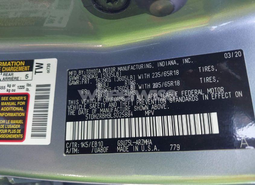 Photo 9 of 2020 Toyota Highlander XLE (VIN 5TDHZRBH9LS025884)