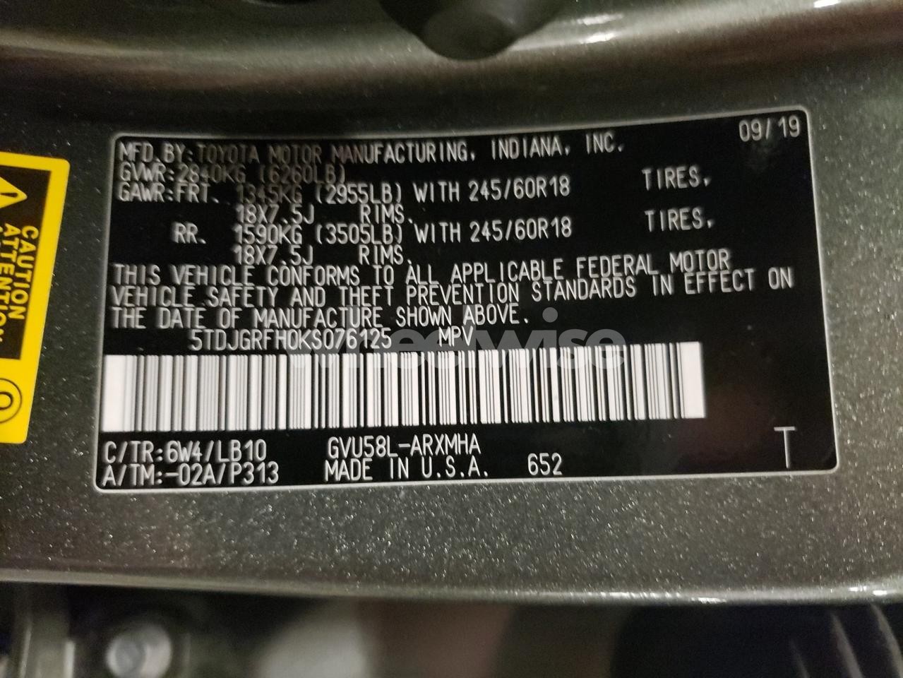 Photo 13 of 2019 TOYOTA HIGHLANDER HYBRID (VIN 5TDJGRFH0KS076125)