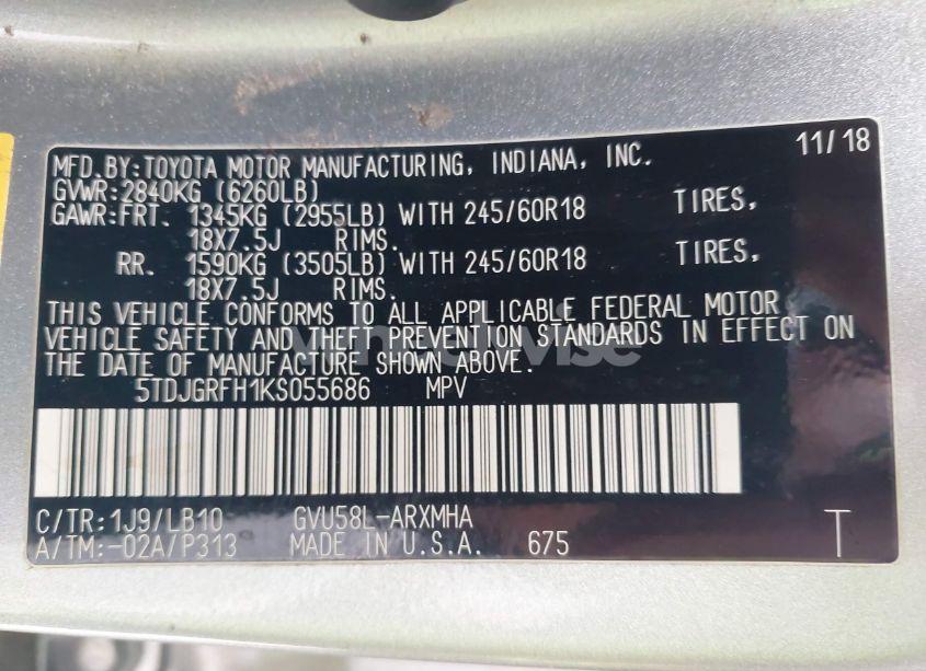 Photo 9 of 2019 Toyota Highlander HYBRID XLE (VIN 5TDJGRFH1KS055686)