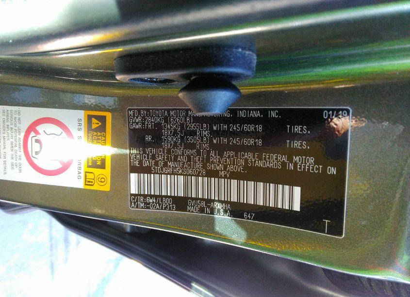 Photo 9 of 2019 Toyota Highlander HYBRID XLE (VIN 5TDJGRFH5KS060728)