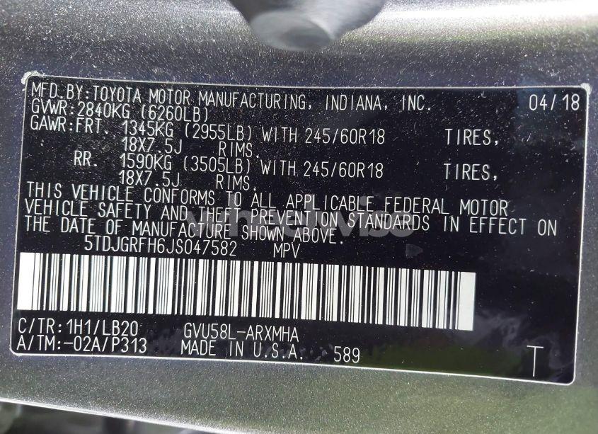 Photo 9 of 2018 Toyota Highlander HYBRID XLE (VIN 5TDJGRFH6JS047582)