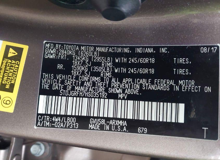 Photo 9 of 2017 Toyota Highlander HYBRID XLE (VIN 5TDJGRFH7HS035192)