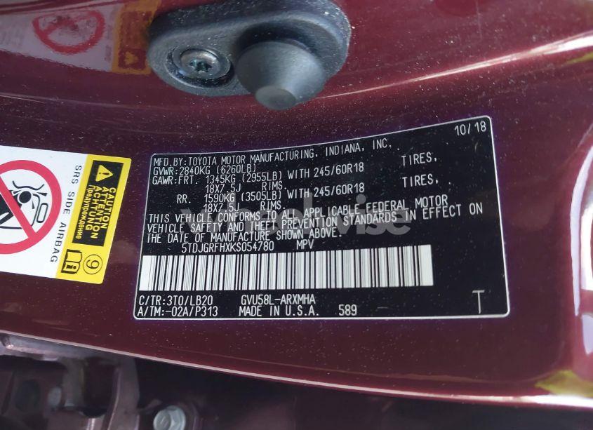 Photo 9 of 2019 Toyota Highlander HYBRID XLE (VIN 5TDJGRFHXKS054780)