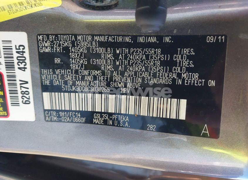 Photo 9 of 2012 Toyota Sienna LE 7 PASSENGER (VIN 5TDJK3DC0CS030265)