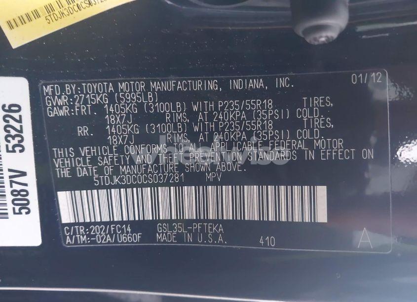 Photo 9 of 2012 Toyota Sienna LE 7 PASSENGER (VIN 5TDJK3DC0CS037281)