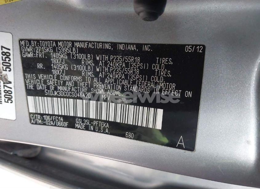 Photo 9 of 2012 Toyota Sienna LE 7 PASSENGER (VIN 5TDJK3DC0CS046420)