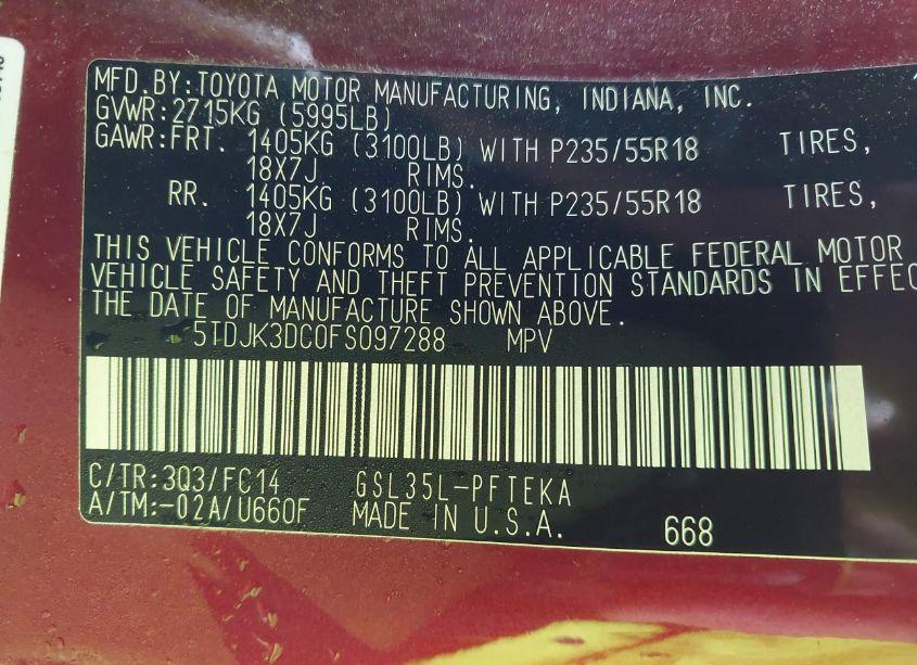 Photo 9 of 2015 Toyota Sienna LE 7 PASSENGER (VIN 5TDJK3DC0FS097288)