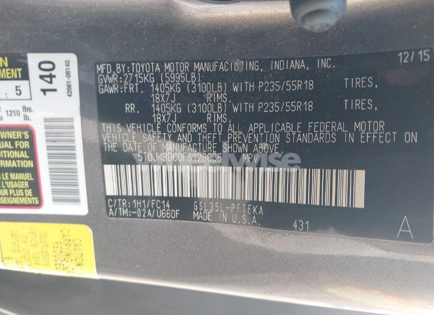 Photo 9 of 2015 Toyota Sienna LE 7 PASSENGER (VIN 5TDJK3DC0FS128006)