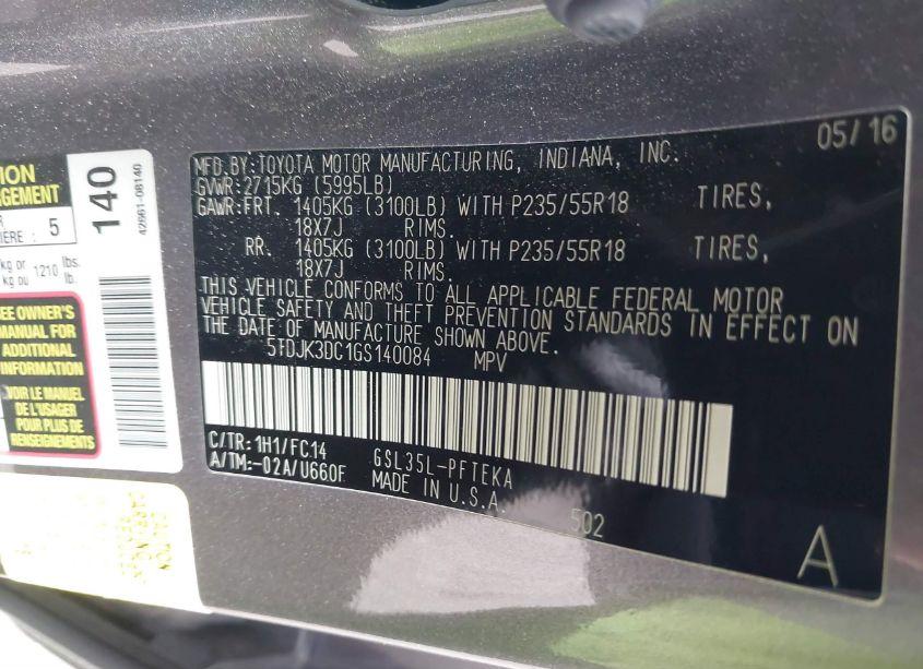 Photo 9 of 2016 Toyota Sienna LE 7 PASSENGER (VIN 5TDJK3DC1GS140084)