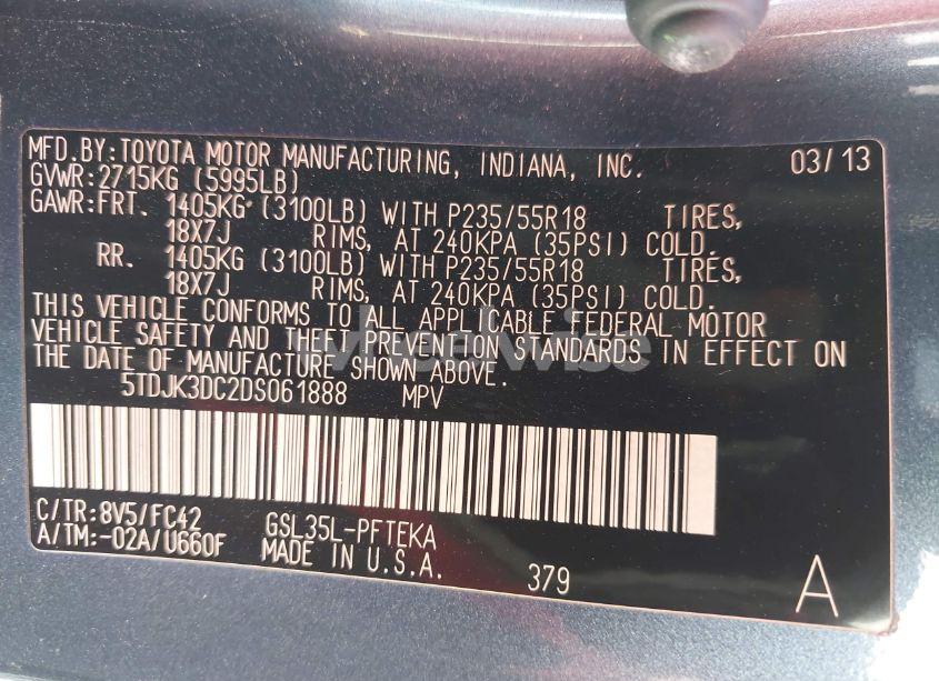 Photo 9 of 2013 Toyota Sienna LE 7 PASSENGER (VIN 5TDJK3DC2DS061888)