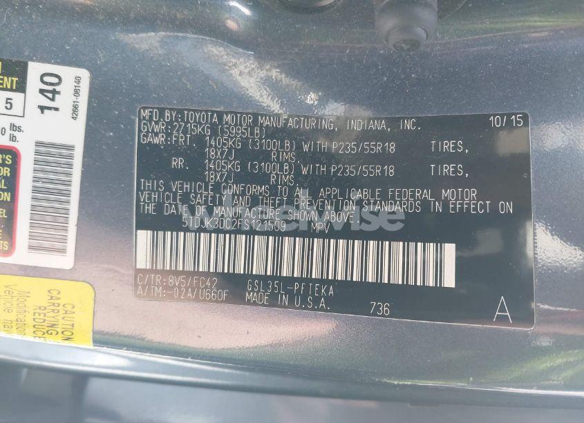 Photo 9 of 2015 Toyota Sienna LE 7 PASSENGER (VIN 5TDJK3DC2FS121509)