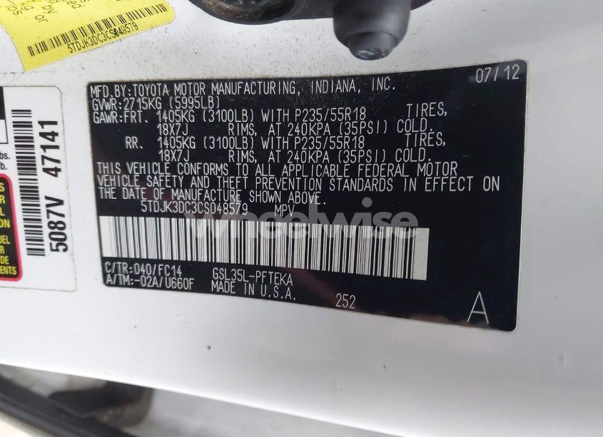 Photo 9 of 2012 Toyota Sienna LE 7 PASSENGER (VIN 5TDJK3DC3CS048579)