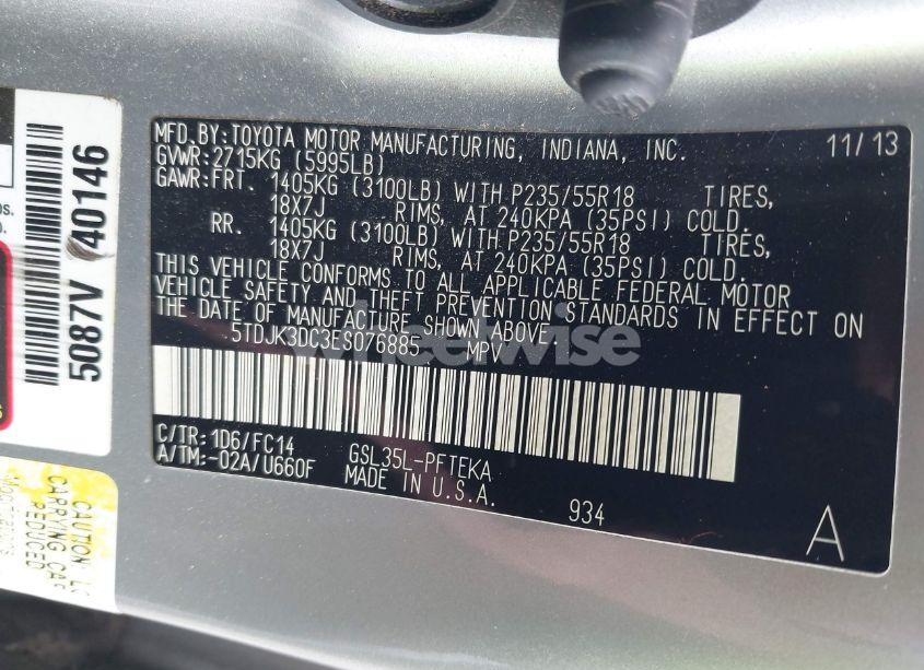 Photo 9 of 2014 Toyota Sienna LE 7 PASSENGER (VIN 5TDJK3DC3ES076885)