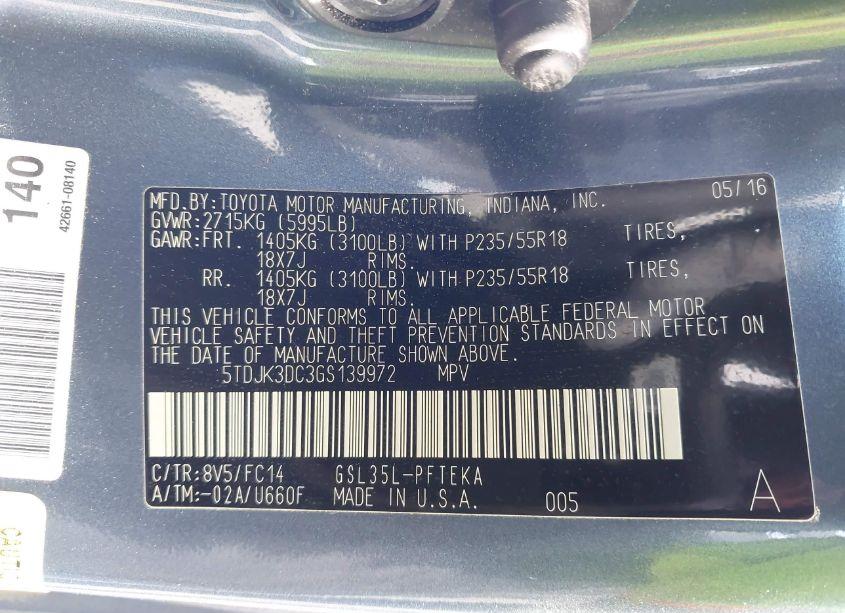 Photo 9 of 2016 Toyota Sienna LE 7 PASSENGER (VIN 5TDJK3DC3GS139972)