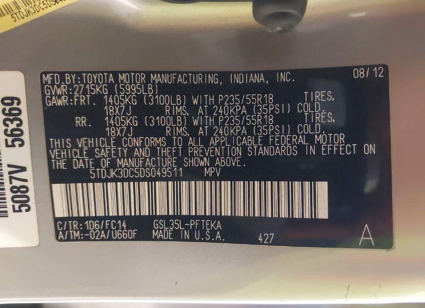 Photo 9 of 2013 Toyota Sienna LE 7 PASSENGER (VIN 5TDJK3DC5DS049511)