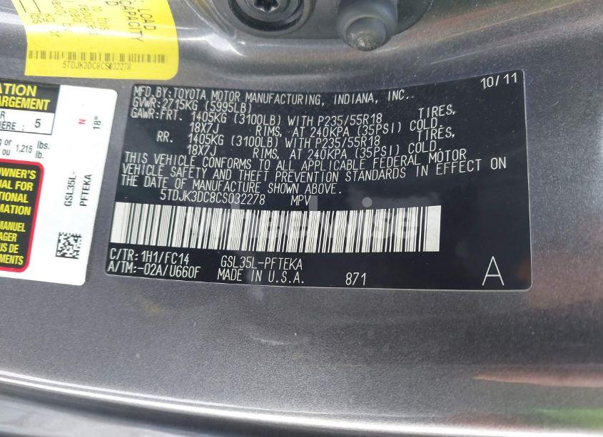 Photo 9 of 2012 Toyota Sienna LE 7 PASSENGER (VIN 5TDJK3DC8CS032278)