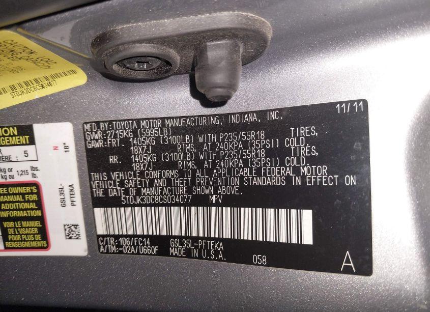 Photo 9 of 2012 Toyota Sienna LE 7 PASSENGER (VIN 5TDJK3DC8CS034077)