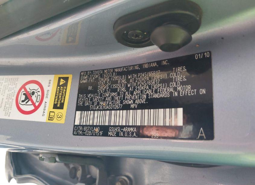 Photo 9 of 2010 Toyota Highlander SE V6 (VIN 5TDJK3EH0AS012677)