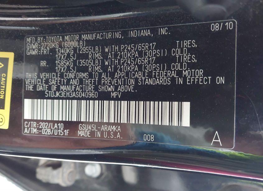 Photo 9 of 2010 Toyota Highlander SE V6 (VIN 5TDJK3EH3AS040960)