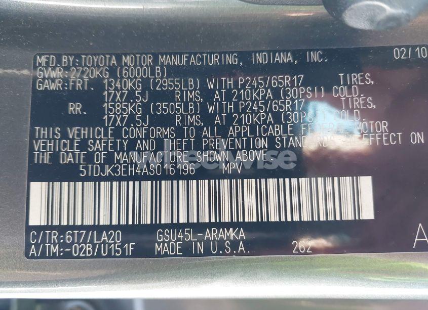 Photo 9 of 2010 Toyota Highlander SE V6 (VIN 5TDJK3EH4AS016196)