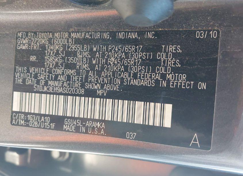 Photo 9 of 2010 Toyota Highlander SE V6 (VIN 5TDJK3EH9AS020308)