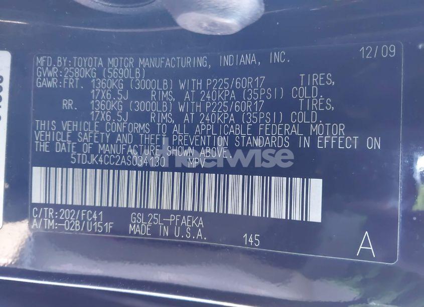 Photo 9 of 2010 Toyota Sienna LE (VIN 5TDJK4CC2AS034130)