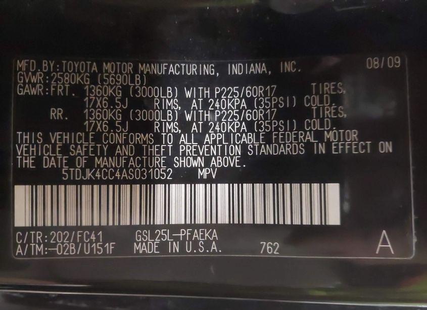 Photo 9 of 2010 Toyota Sienna LE (VIN 5TDJK4CC4AS031052)