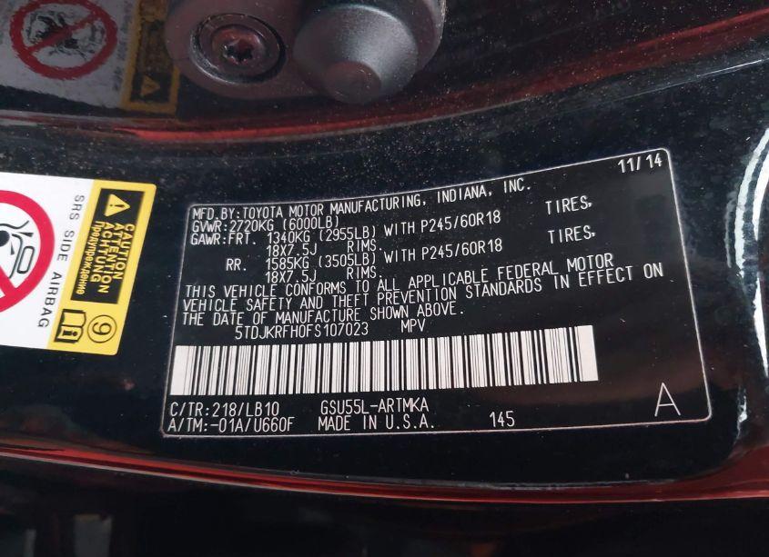 Photo 9 of 2015 Toyota Highlander XLE V6 (VIN 5TDJKRFH0FS107023)