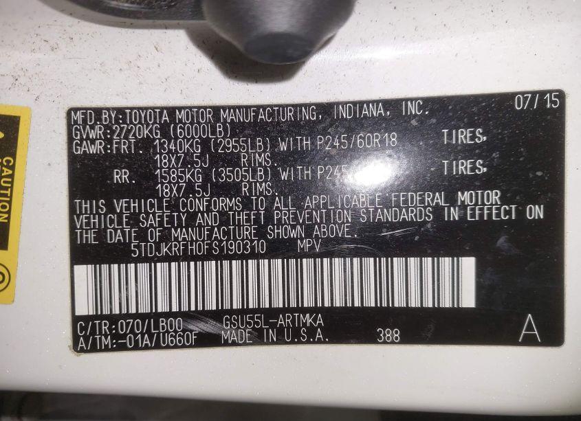 Photo 9 of 2015 Toyota Highlander XLE V6 (VIN 5TDJKRFH0FS190310)