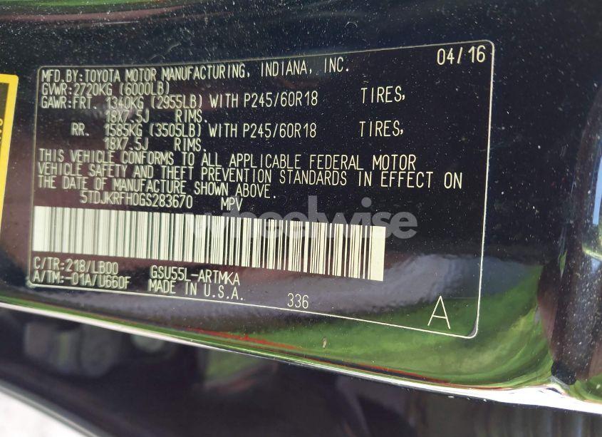 Photo 9 of 2016 Toyota Highlander XLE V6 (VIN 5TDJKRFH0GS283670)