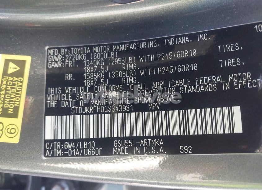 Photo 9 of 2016 Toyota Highlander XLE V6 (VIN 5TDJKRFH0GS343981)