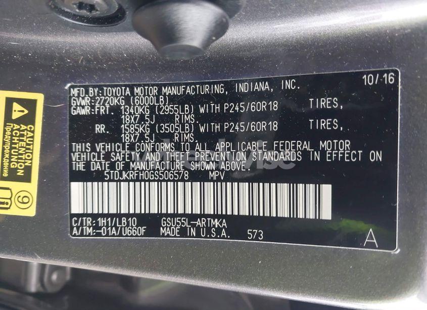 Photo 9 of 2016 Toyota Highlander XLE V6 (VIN 5TDJKRFH0GS506578)