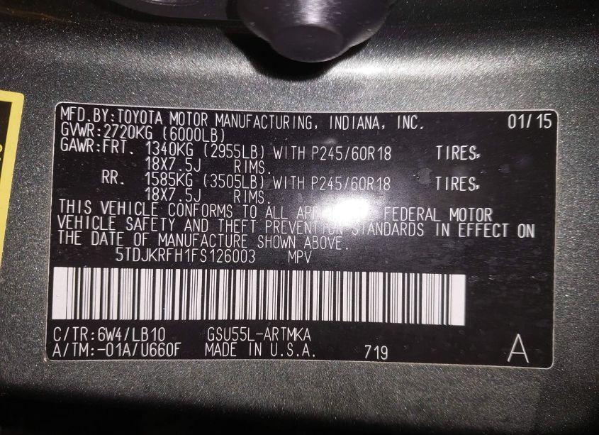 Photo 9 of 2015 Toyota Highlander XLE V6 (VIN 5TDJKRFH1FS126003)