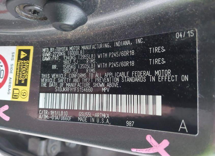 Photo 9 of 2015 Toyota Highlander XLE V6 (VIN 5TDJKRFH1FS154660)